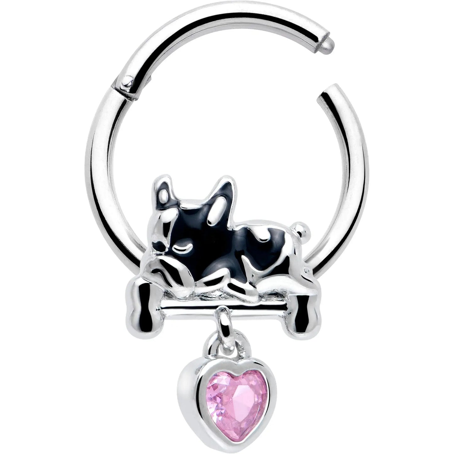 16G 3/8 Pink CZ Gem Sleepy French Bulldog Dangle Hinged Segment Ring - BodyCandy - Flyclothing LLC
