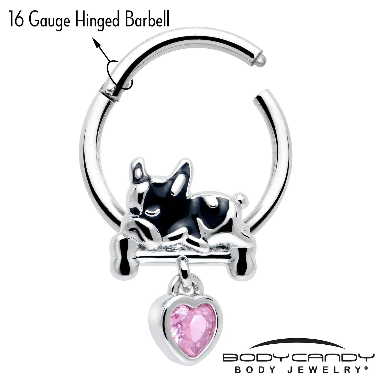 16G 3/8 Pink CZ Gem Sleepy French Bulldog Dangle Hinged Segment Ring - BodyCandy - Flyclothing LLC