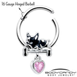 16G 3/8 Pink CZ Gem Sleepy French Bulldog Dangle Hinged Segment Ring - BodyCandy - Flyclothing LLC