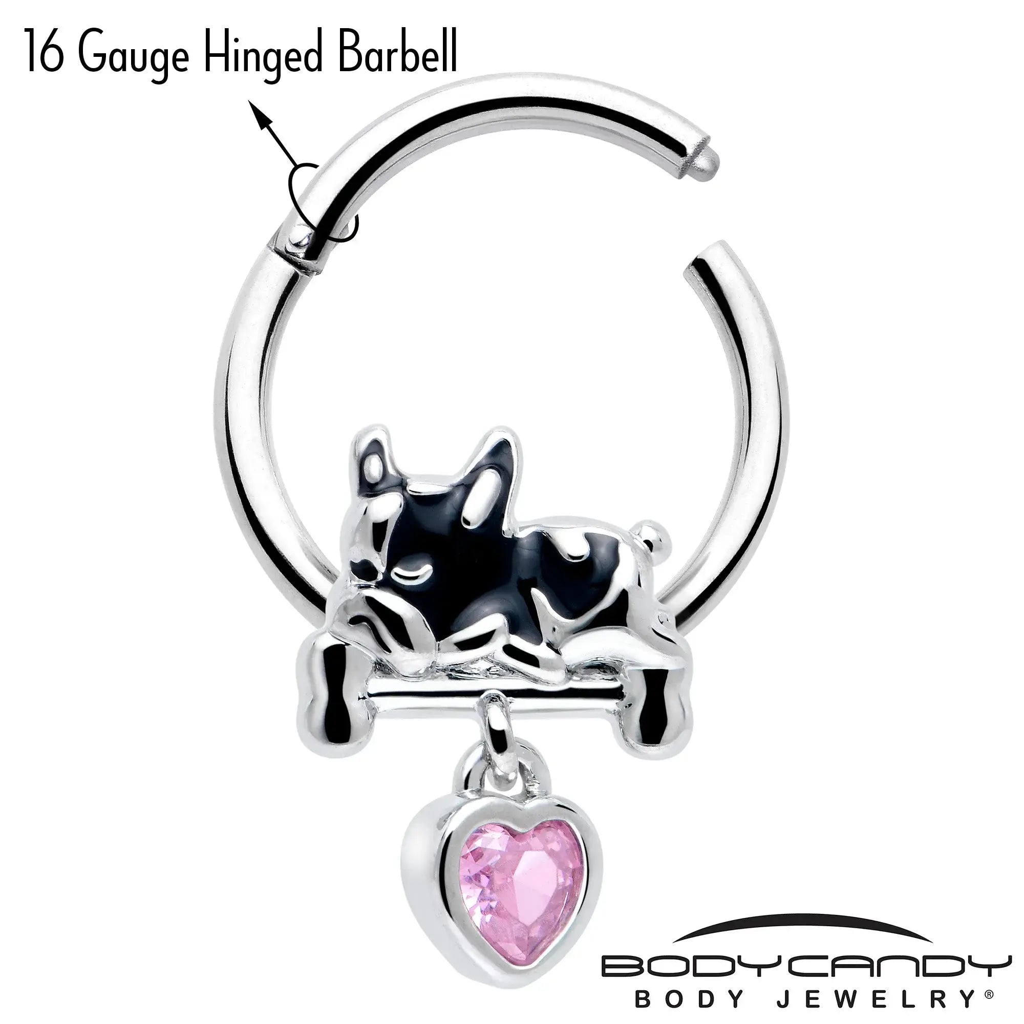 16G 3/8 Pink CZ Gem Sleepy French Bulldog Dangle Hinged Segment Ring - BodyCandy - Flyclothing LLC