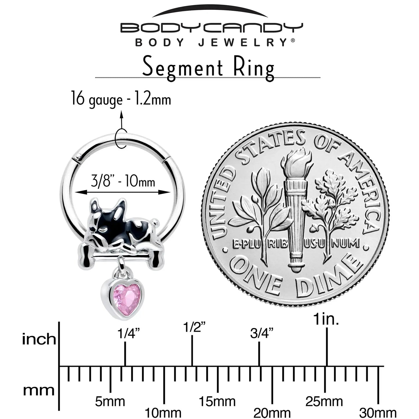 16G 3/8 Pink CZ Gem Sleepy French Bulldog Dangle Hinged Segment Ring - BodyCandy - Flyclothing LLC