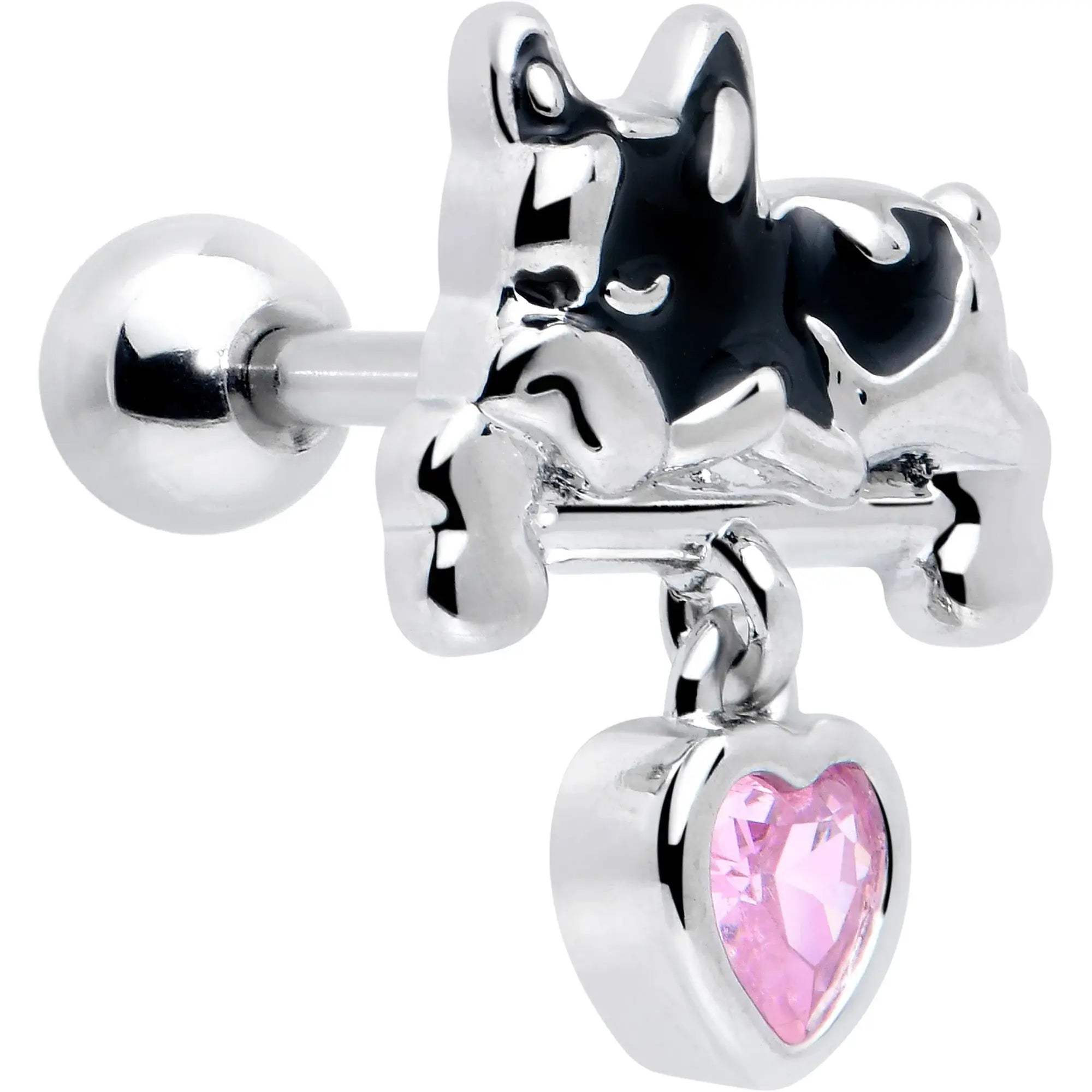16G 1/4 Pink CZ Gem Sleepy French Bulldog Dangle Cartilage Earring - BodyCandy - Flyclothing LLC