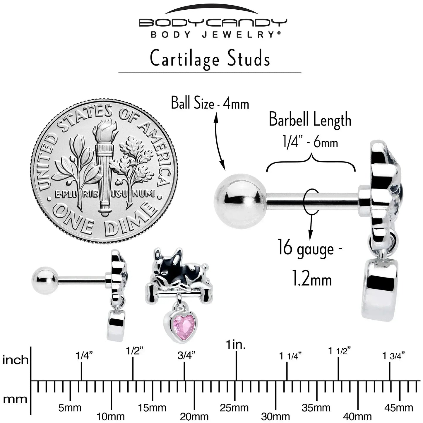 16G 1/4 Pink CZ Gem Sleepy French Bulldog Dangle Cartilage Earring - BodyCandy - Flyclothing LLC