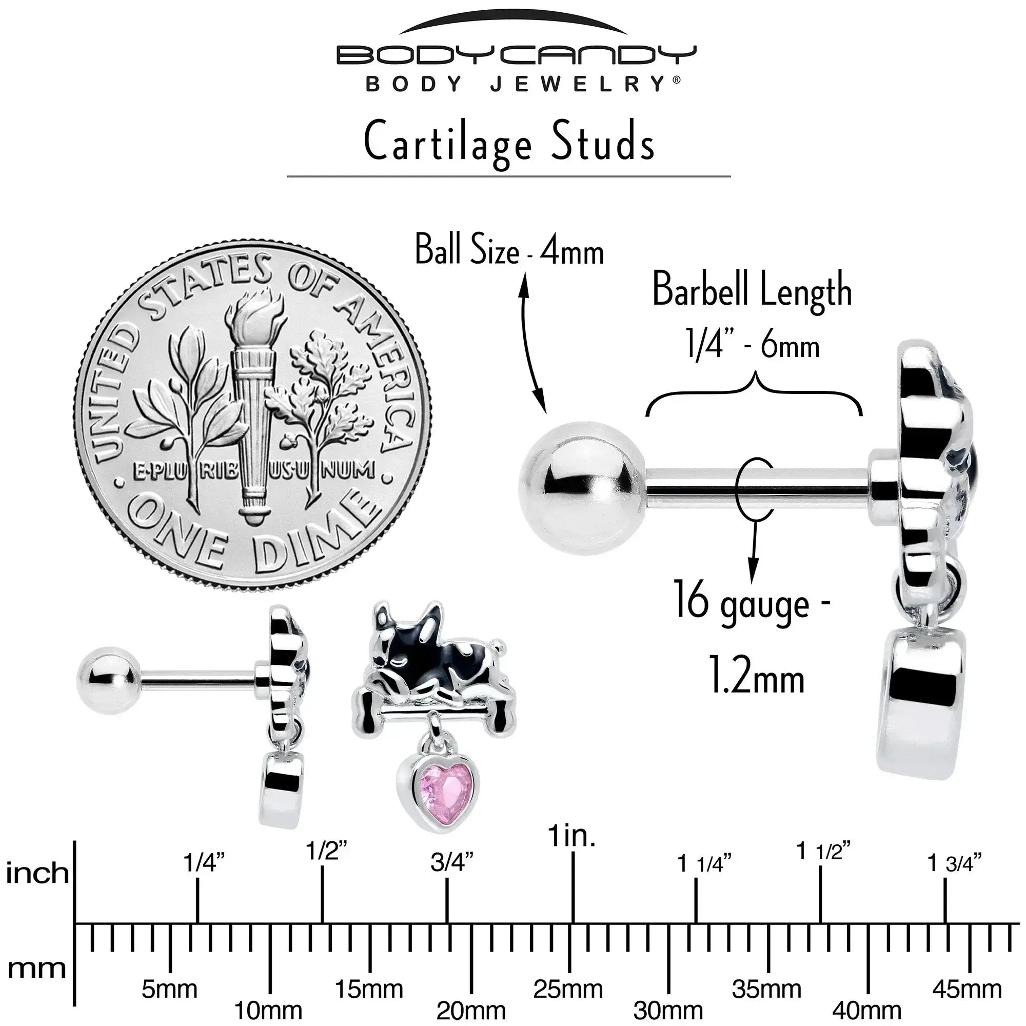 16G 1/4 Pink CZ Gem Sleepy French Bulldog Dangle Cartilage Earring - BodyCandy - Flyclothing LLC