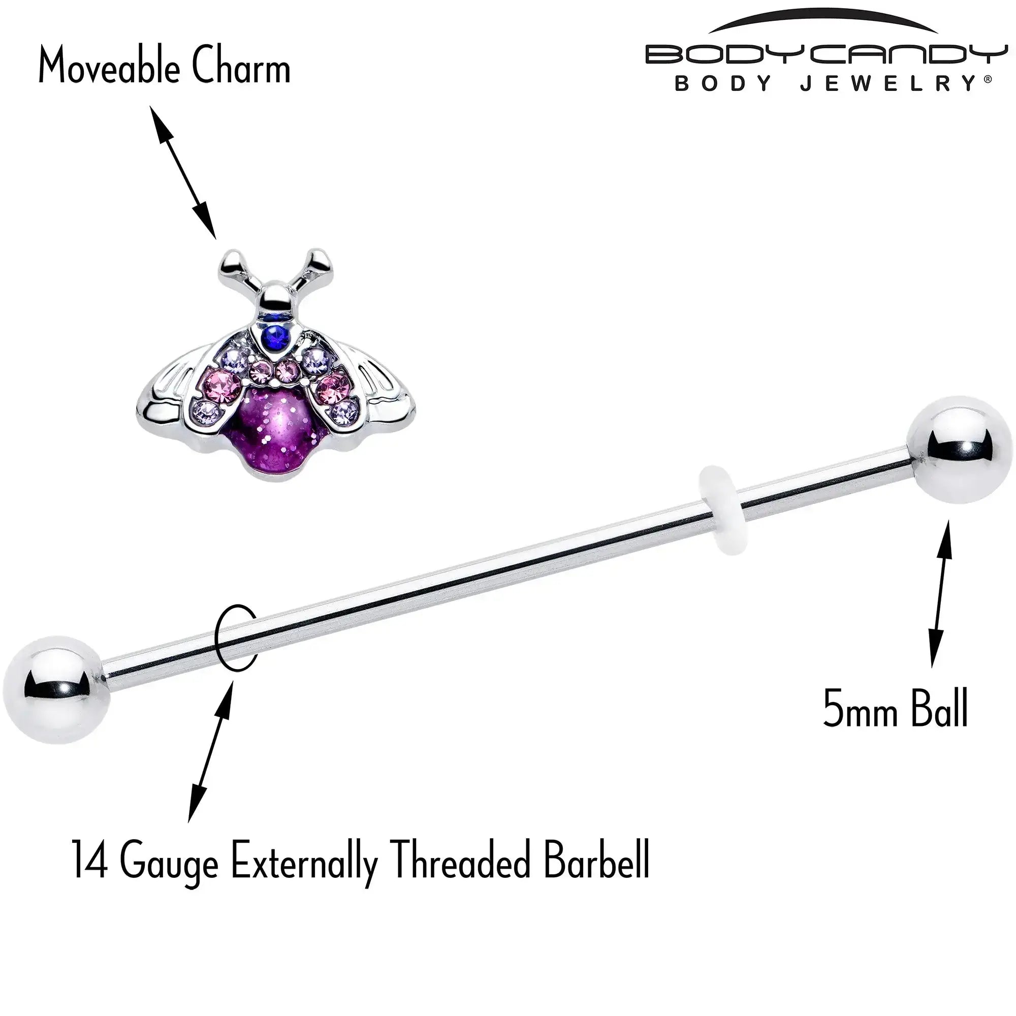 14G Pink Blue Gem Beautiful Insect Industrial Barbell 38mm - BodyCandy - Flyclothing LLC