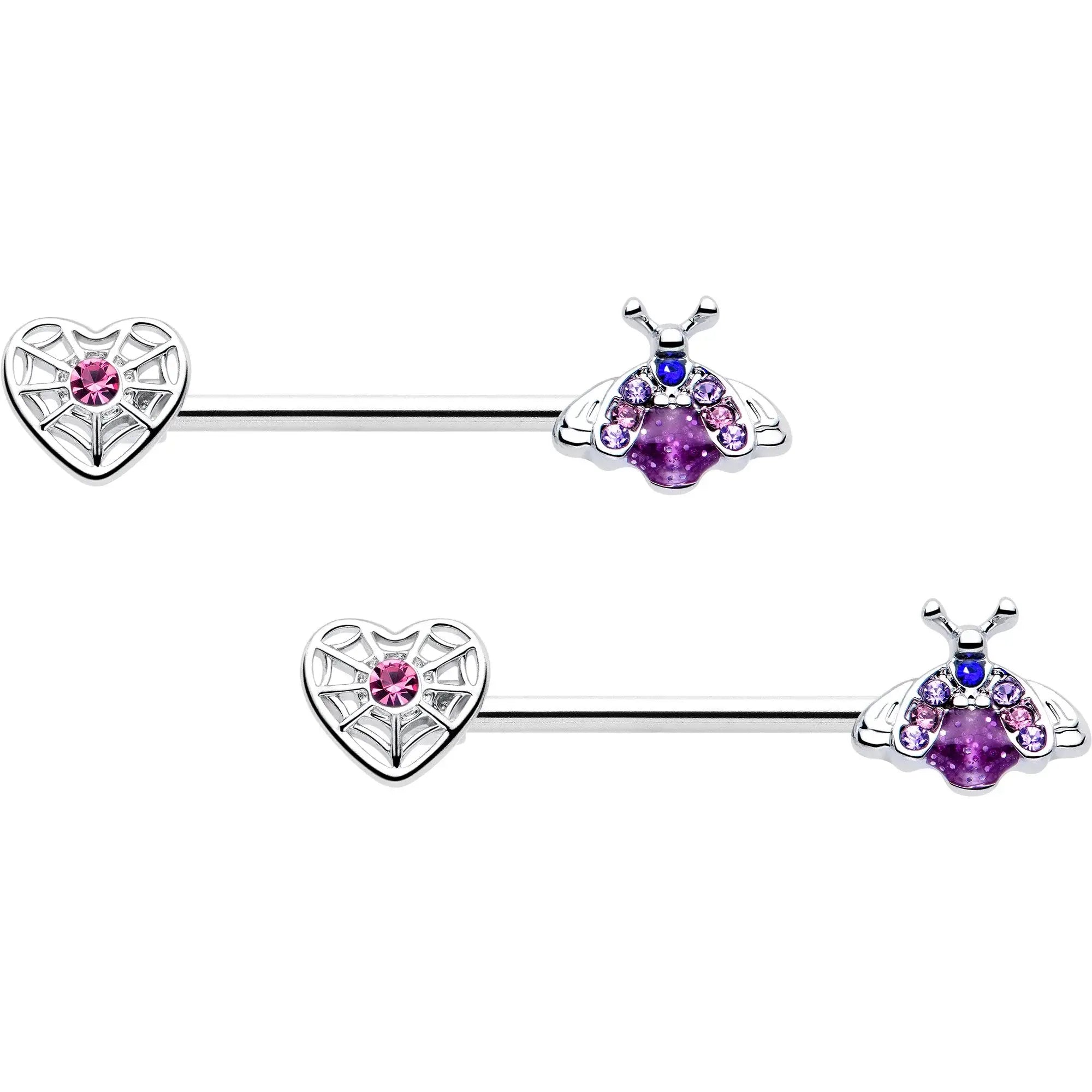 14G 9/16 Pink Blue Gem Spiderweb Heart Insect Barbell Nipple Ring Set - BodyCandy - Flyclothing LLC