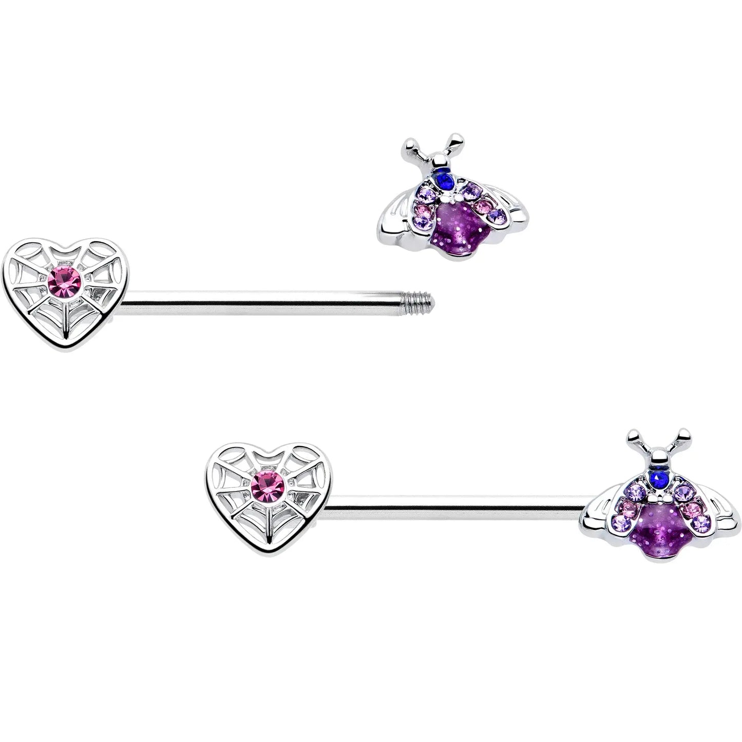14G 9/16 Pink Blue Gem Spiderweb Heart Insect Barbell Nipple Ring Set - BodyCandy - Flyclothing LLC