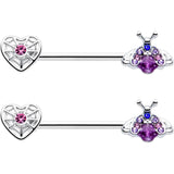 14G 9/16 Pink Blue Gem Spiderweb Heart Insect Barbell Nipple Ring Set - BodyCandy - Flyclothing LLC