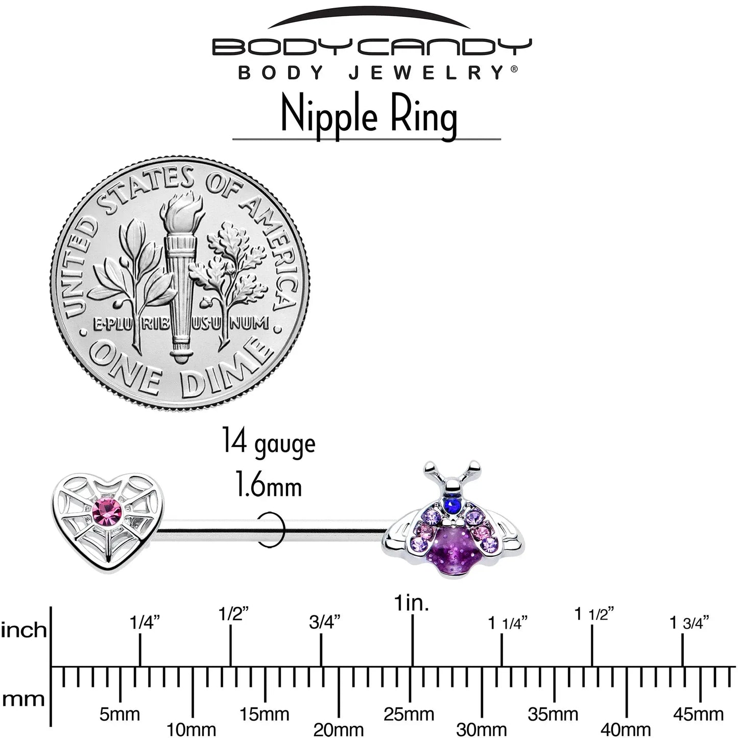 14G 9/16 Pink Blue Gem Spiderweb Heart Insect Barbell Nipple Ring Set - BodyCandy - Flyclothing LLC