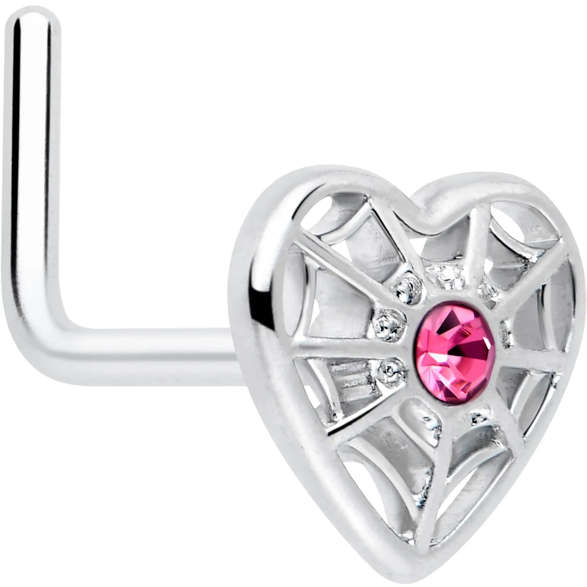 20G 7mm Pink Gem Spiderweb Heart Love L Shape Nose Ring - BodyCandy - Flyclothing LLC