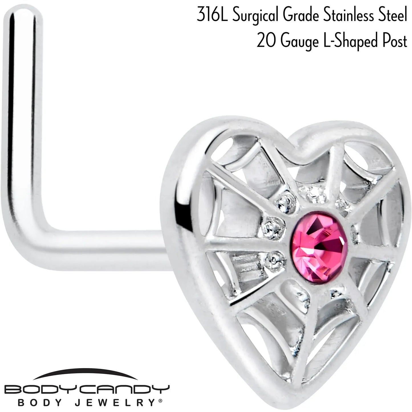 20G 7mm Pink Gem Spiderweb Heart Love L Shape Nose Ring - BodyCandy - Flyclothing LLC