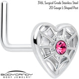 20G 7mm Pink Gem Spiderweb Heart Love L Shape Nose Ring - BodyCandy - Flyclothing LLC