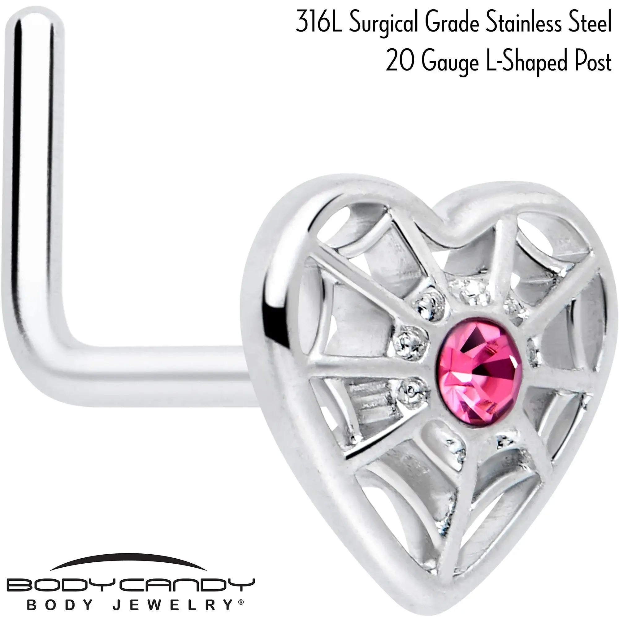 20G 7mm Pink Gem Spiderweb Heart Love L Shape Nose Ring - BodyCandy - Flyclothing LLC