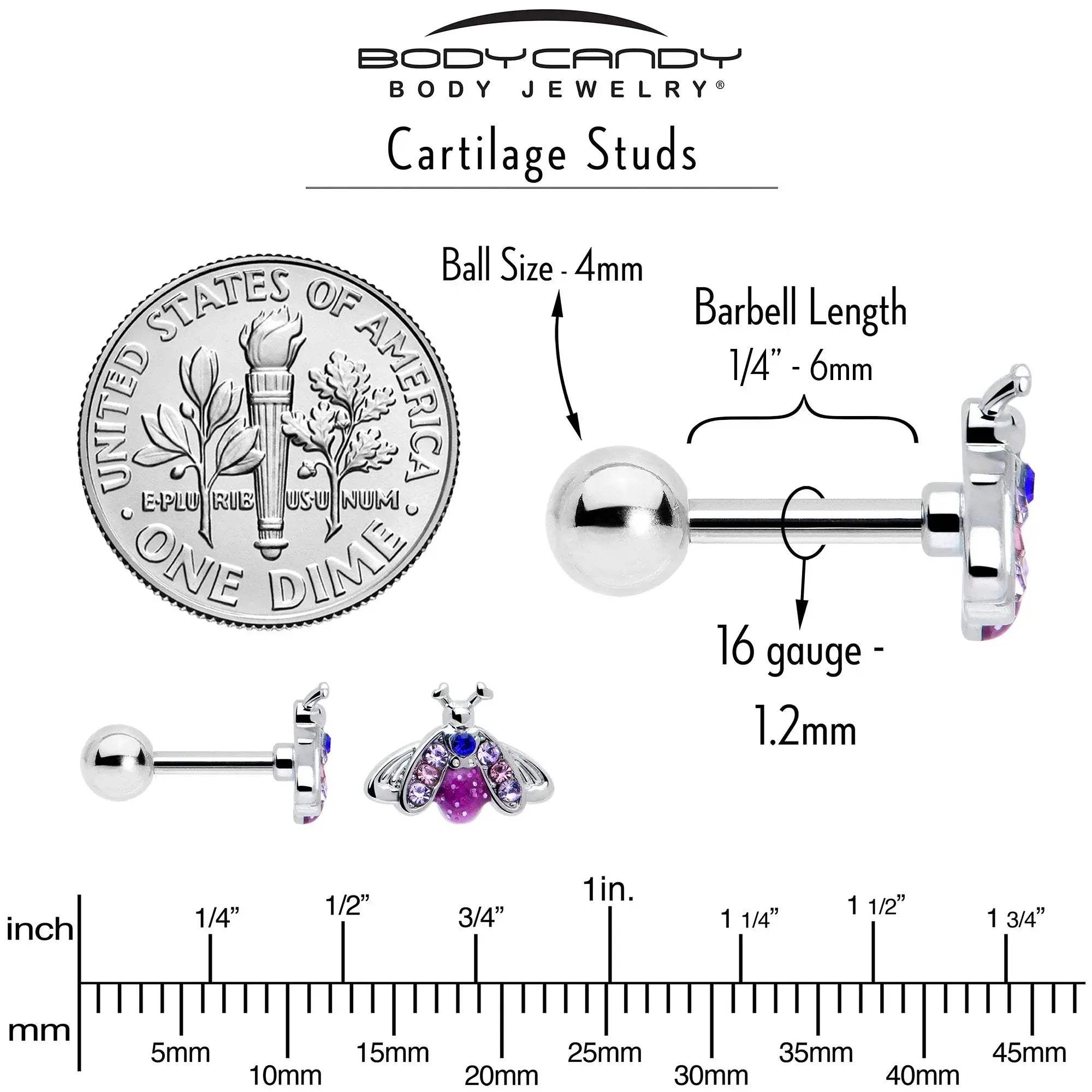 16G 1/4 Pink Blue Gem Beautiful Insect Cartilage Tragus Earring - BodyCandy - Flyclothing LLC
