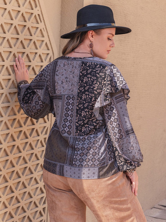 Plus Size Ruffled Printed Notched Long Sleeve Blouse - Trendsi
