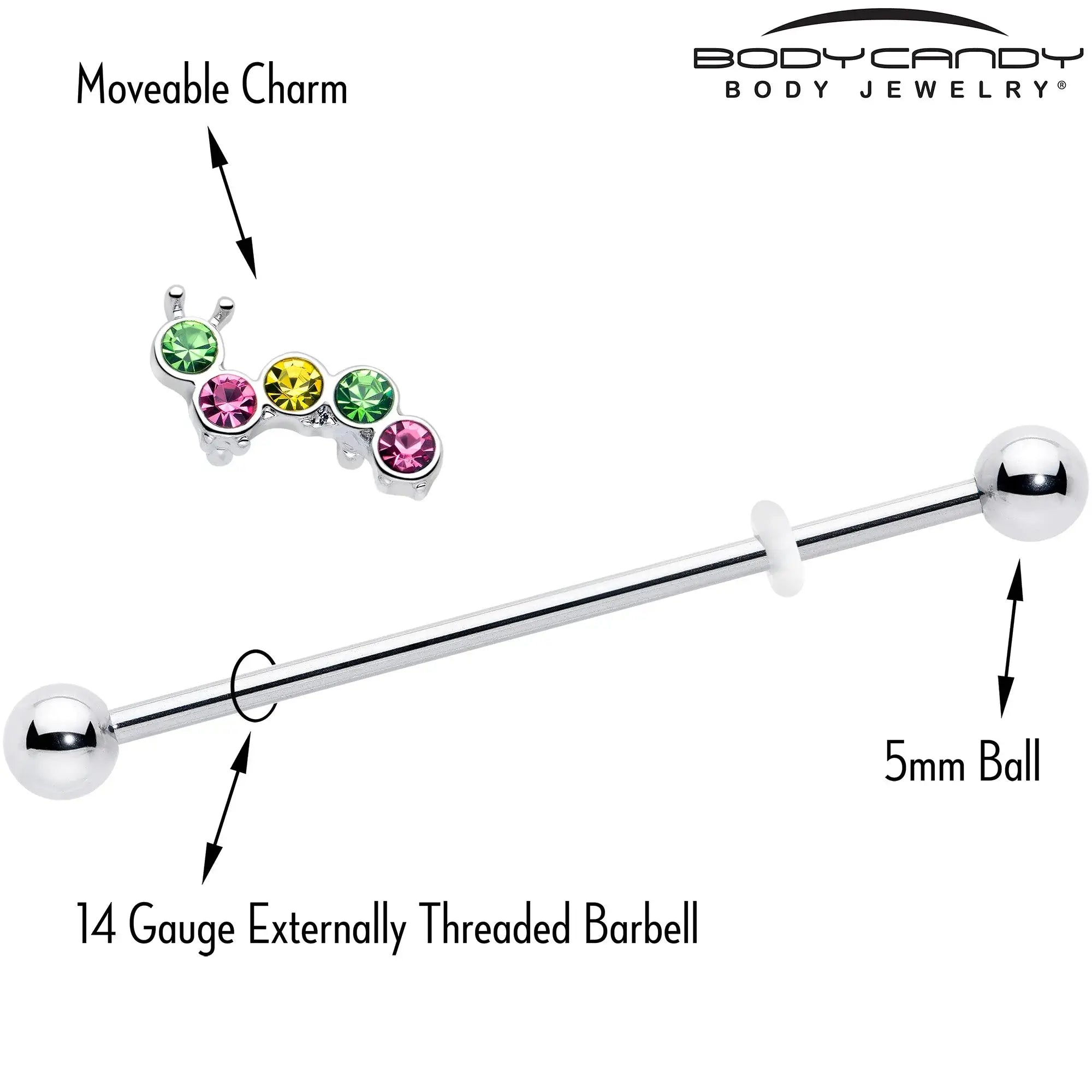 14G Green Pink Gem Caterpillar Industrial Barbell 38mm - BodyCandy - Flyclothing LLC