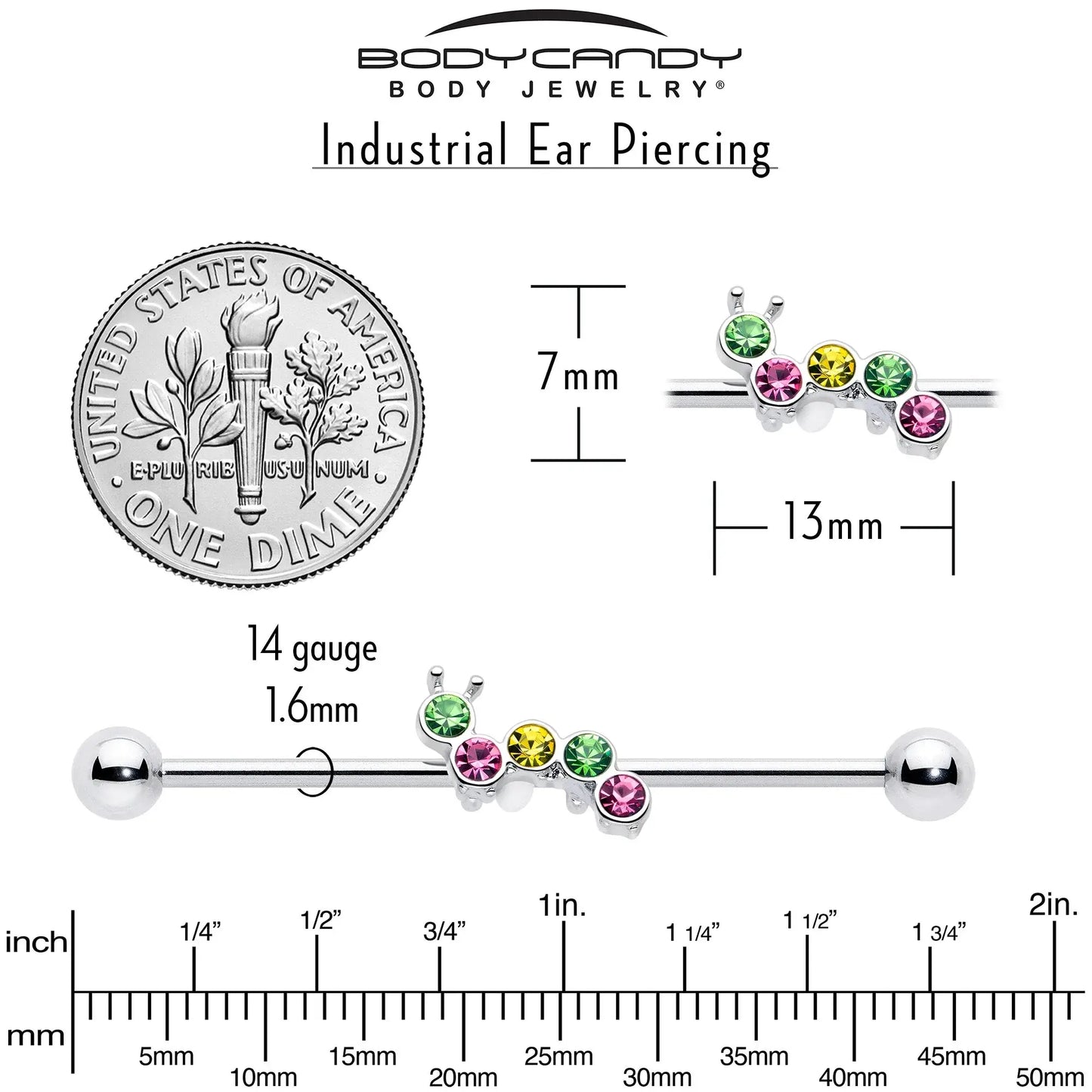 14G Green Pink Gem Caterpillar Industrial Barbell 38mm - BodyCandy - Flyclothing LLC