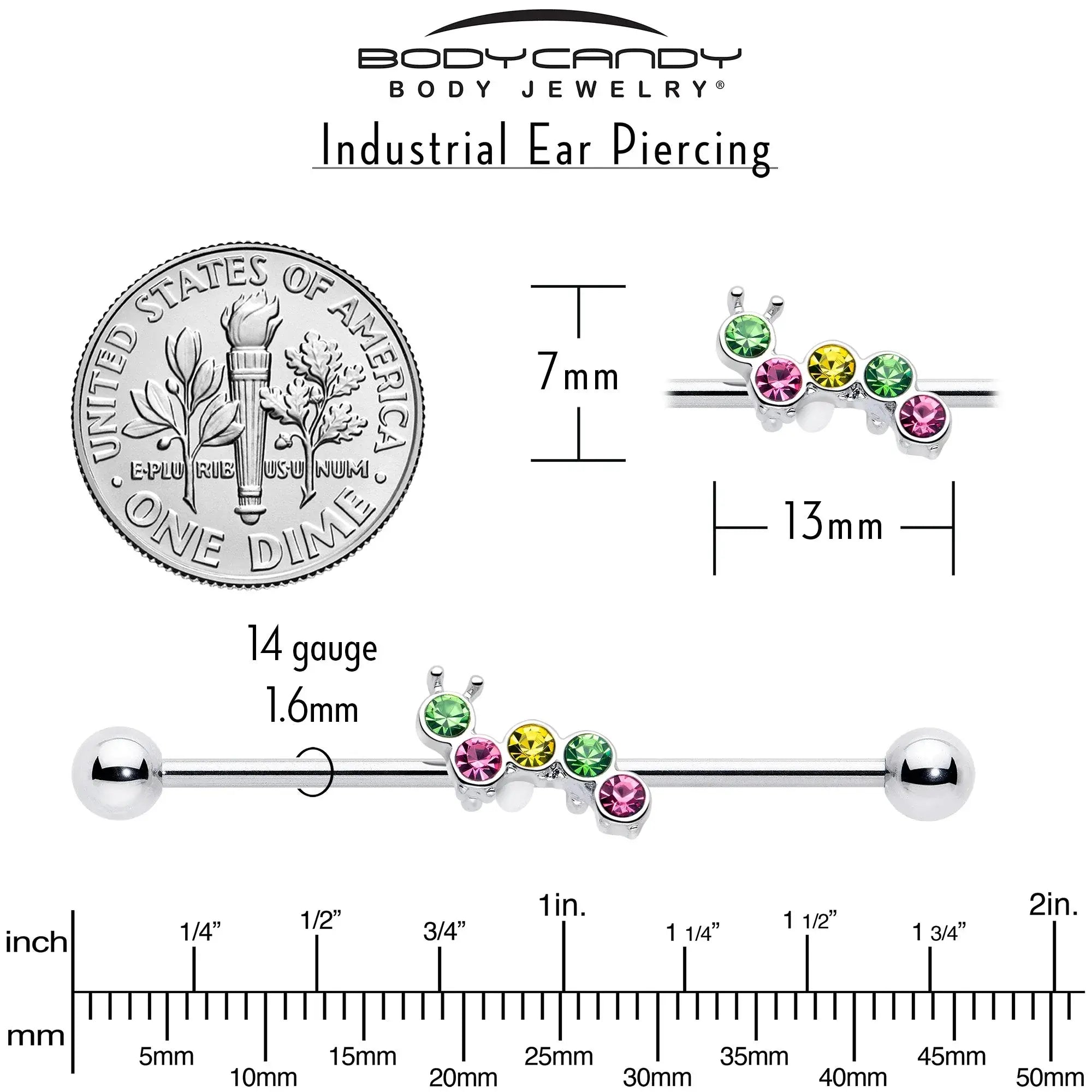 14G Green Pink Gem Caterpillar Industrial Barbell 38mm - BodyCandy - Flyclothing LLC