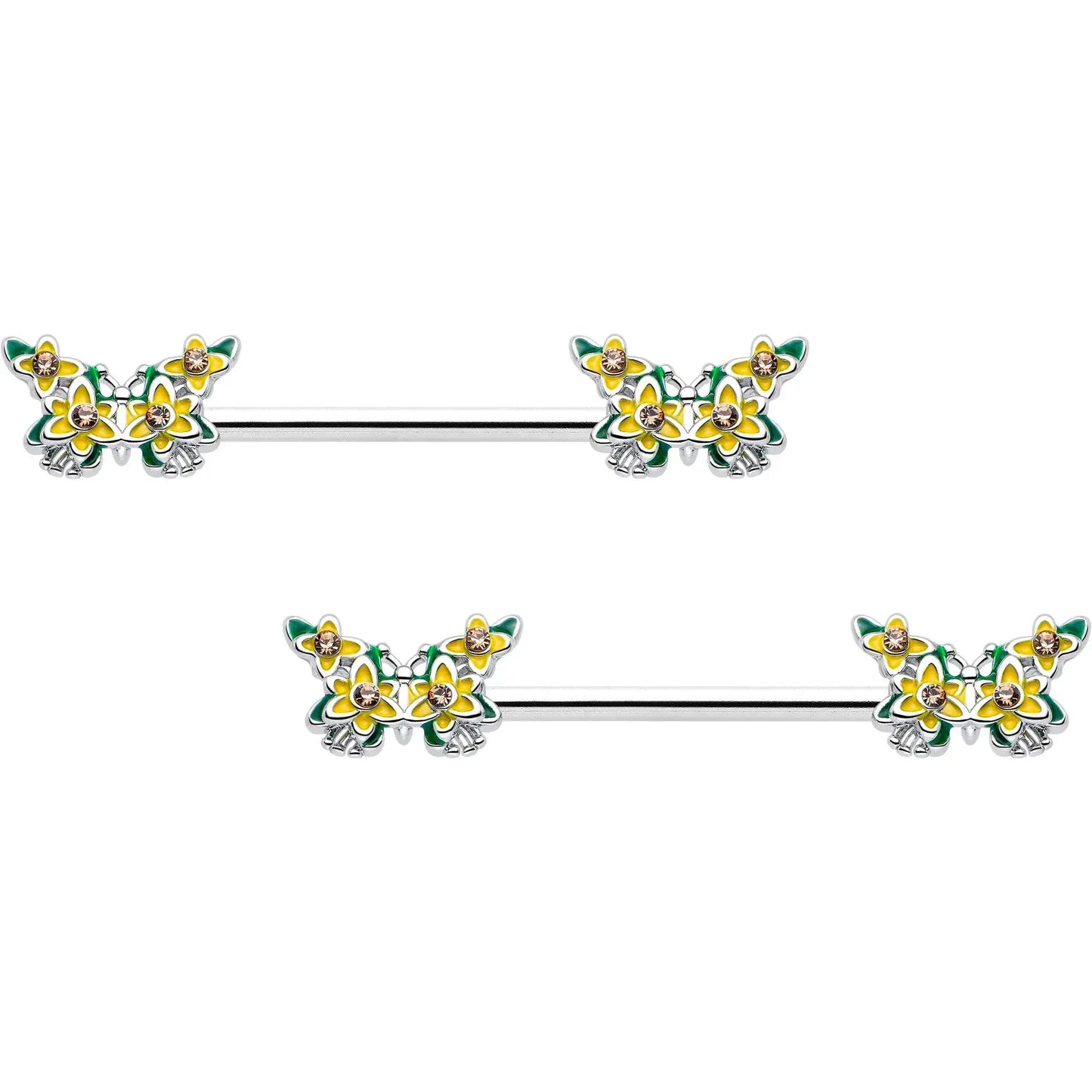 14G 9/16 Yellow CZ Gem Blooming Butterfly Barbell Nipple Ring Set - BodyCandy - Flyclothing LLC