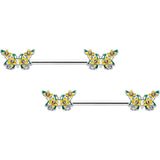 14G 9/16 Yellow CZ Gem Blooming Butterfly Barbell Nipple Ring Set - BodyCandy - Flyclothing LLC