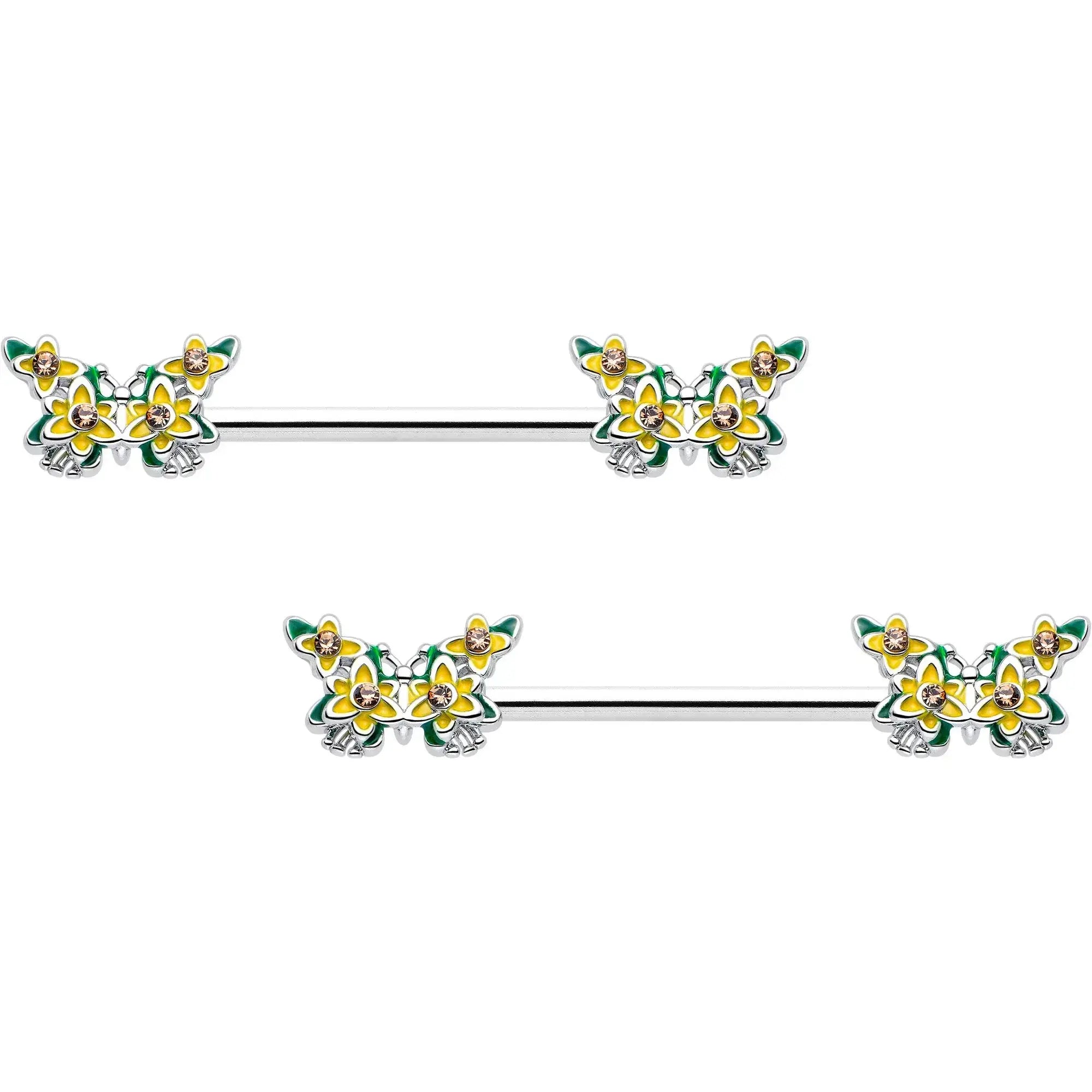 14G 9/16 Yellow CZ Gem Blooming Butterfly Barbell Nipple Ring Set - BodyCandy - Flyclothing LLC