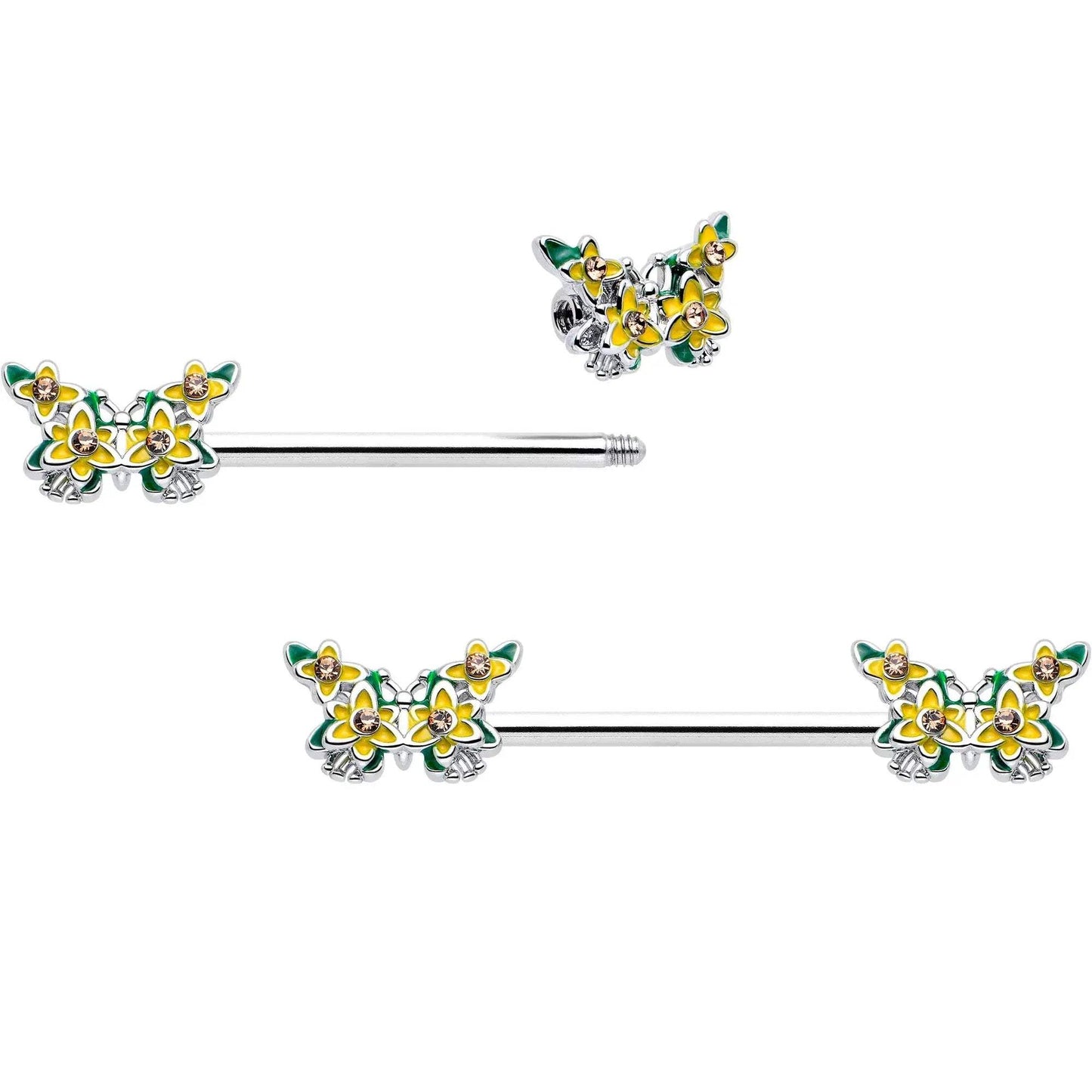 14G 9/16 Yellow CZ Gem Blooming Butterfly Barbell Nipple Ring Set - BodyCandy - Flyclothing LLC