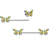 14G 9/16 Yellow CZ Gem Blooming Butterfly Barbell Nipple Ring Set - BodyCandy - Flyclothing LLC