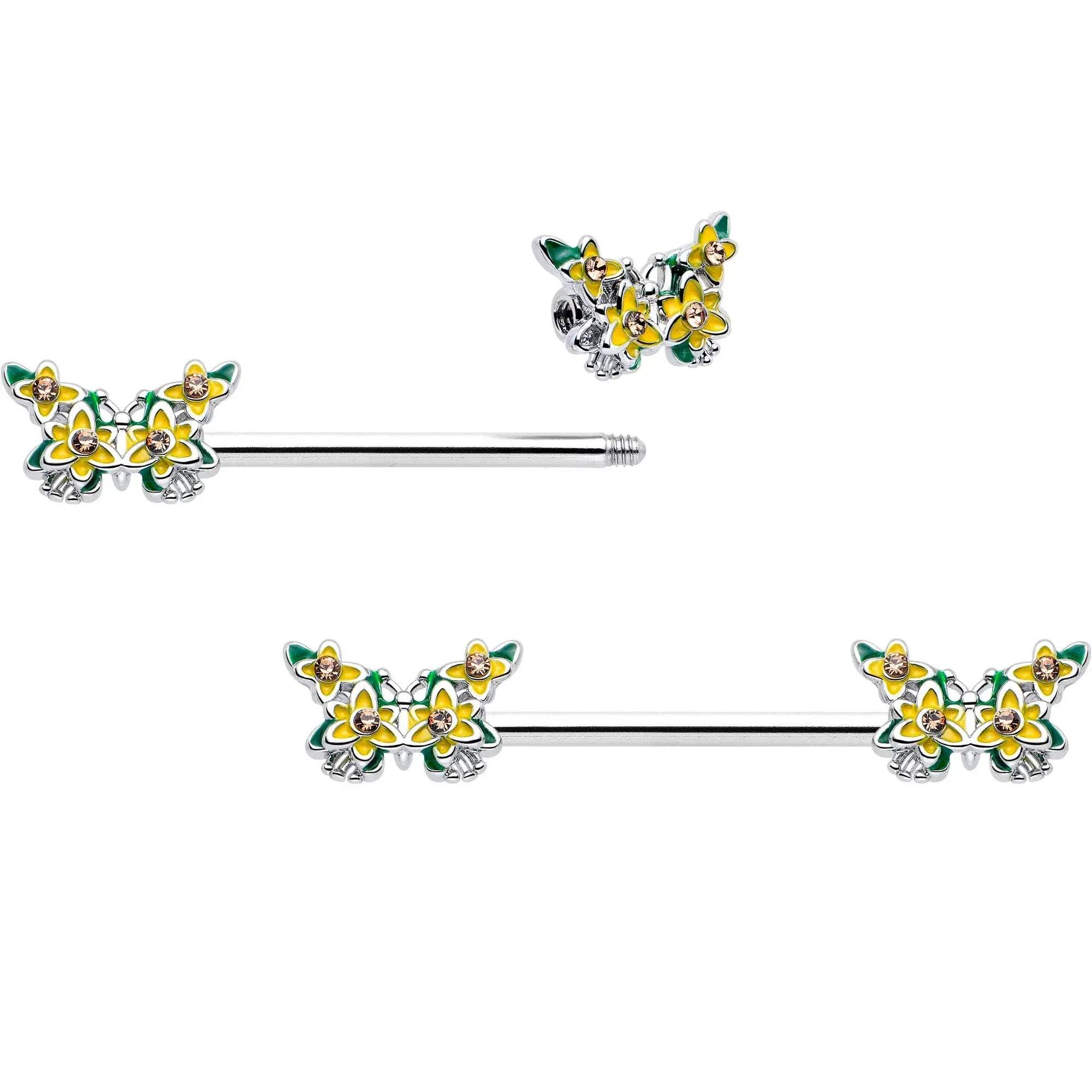 14G 9/16 Yellow CZ Gem Blooming Butterfly Barbell Nipple Ring Set - BodyCandy - Flyclothing LLC