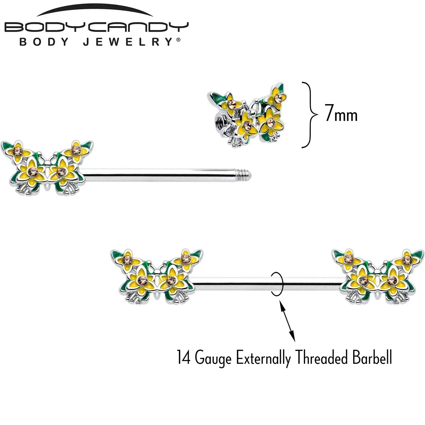 14G 9/16 Yellow CZ Gem Blooming Butterfly Barbell Nipple Ring Set - BodyCandy - Flyclothing LLC