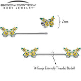 14G 9/16 Yellow CZ Gem Blooming Butterfly Barbell Nipple Ring Set - BodyCandy - Flyclothing LLC