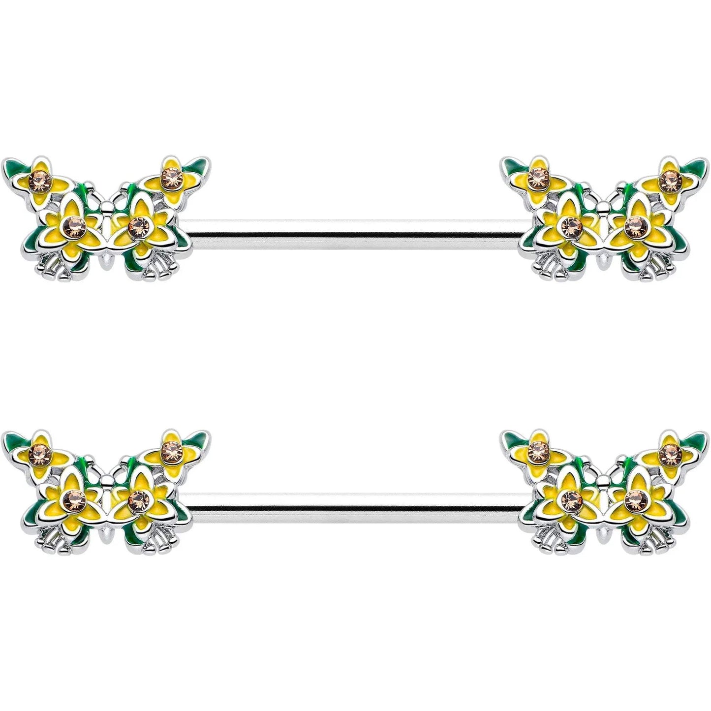 14G 9/16 Yellow CZ Gem Blooming Butterfly Barbell Nipple Ring Set - BodyCandy - Flyclothing LLC