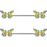 14G 9/16 Yellow CZ Gem Blooming Butterfly Barbell Nipple Ring Set - BodyCandy - Flyclothing LLC
