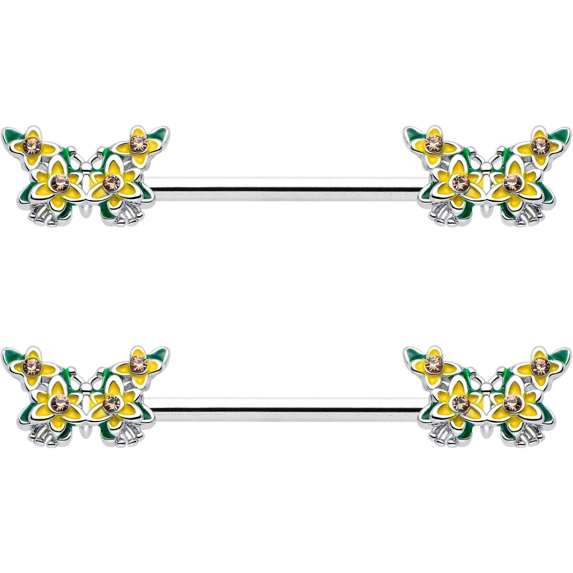 14G 9/16 Yellow CZ Gem Blooming Butterfly Barbell Nipple Ring Set - BodyCandy - Flyclothing LLC