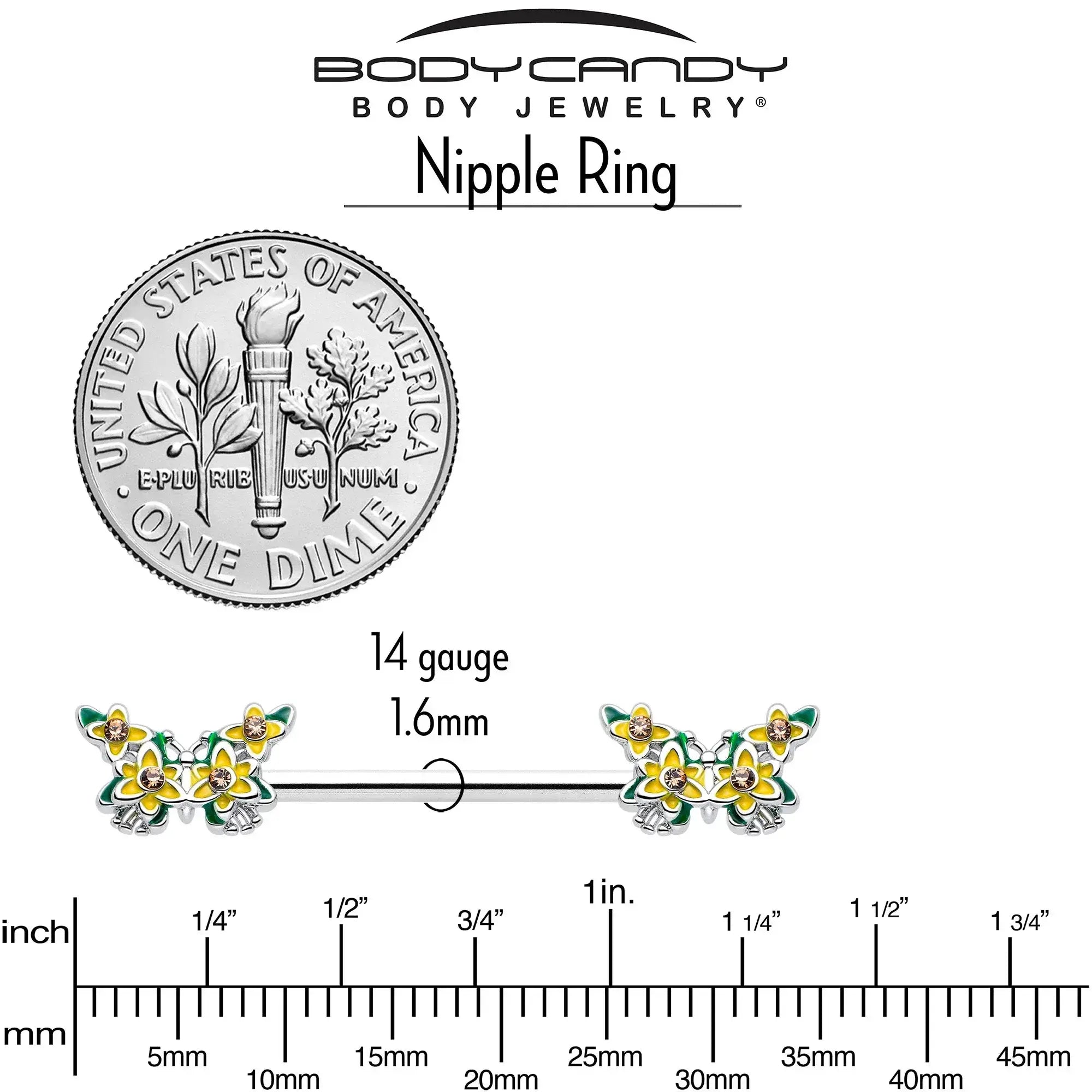 14G 9/16 Yellow CZ Gem Blooming Butterfly Barbell Nipple Ring Set - BodyCandy - Flyclothing LLC