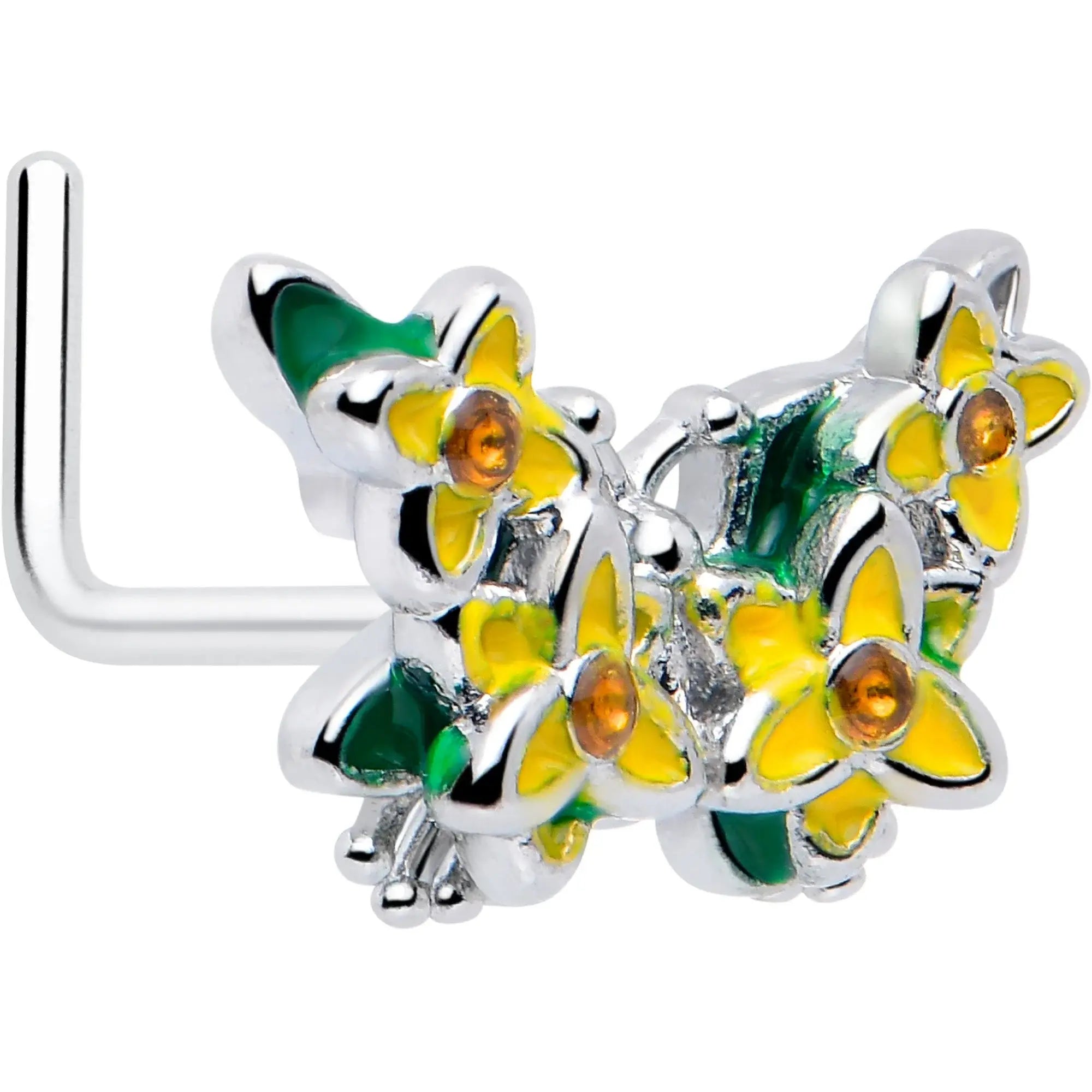 20G 7mm Yellow CZ Gem Blooming Butterfly L Shape Nose Ring - BodyCandy - Flyclothing LLC
