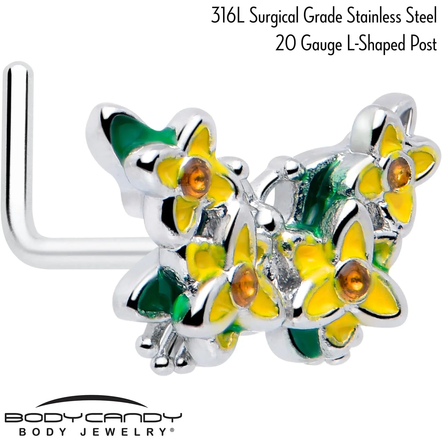 20G 7mm Yellow CZ Gem Blooming Butterfly L Shape Nose Ring - BodyCandy - Flyclothing LLC