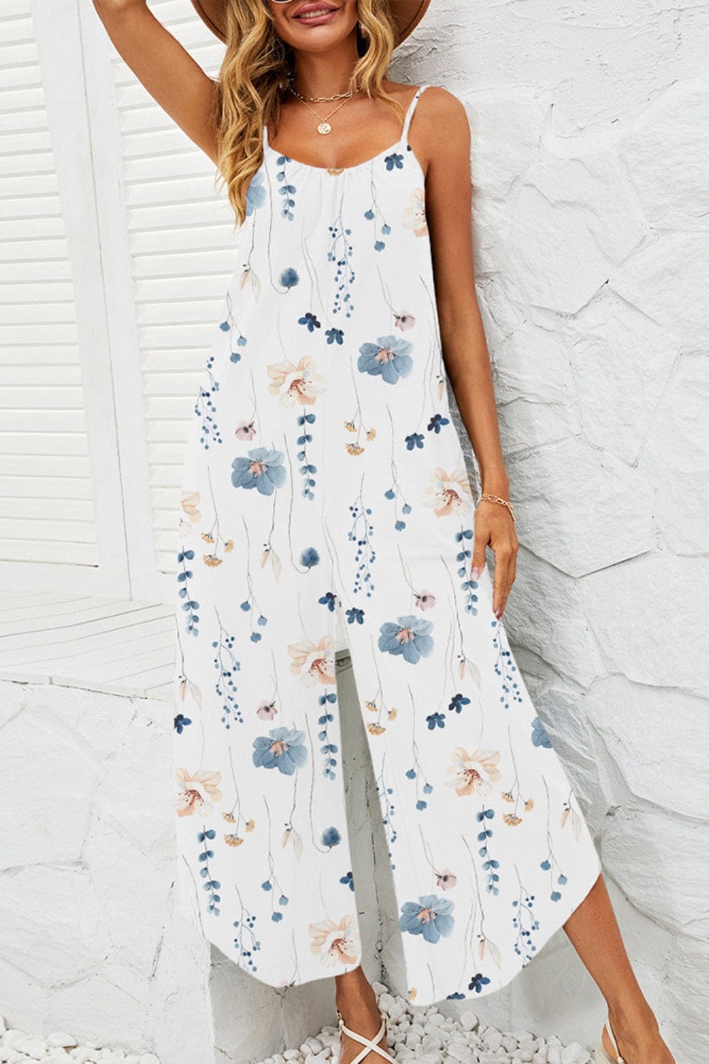 Printed Scoop Neck Wide Leg Jumpsuit - Trendsi