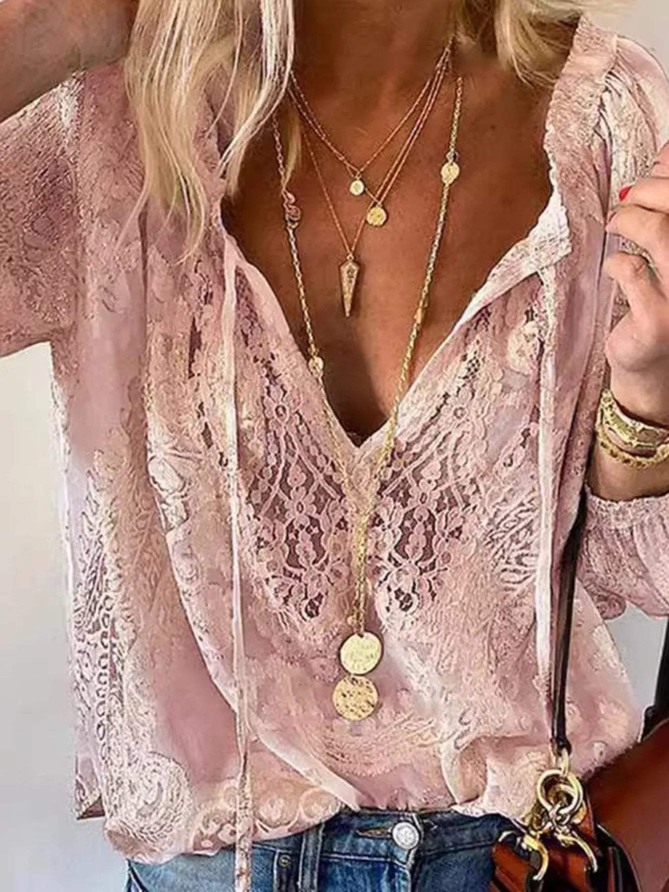 Lace Tie-Neck Blouse - Trendsi - Flyclothing LLC