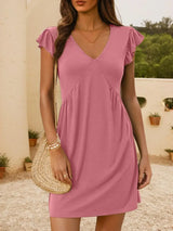 V-Neck Ruffled Cap Sleeve Mini Dress - Trendsi - Flyclothing LLC