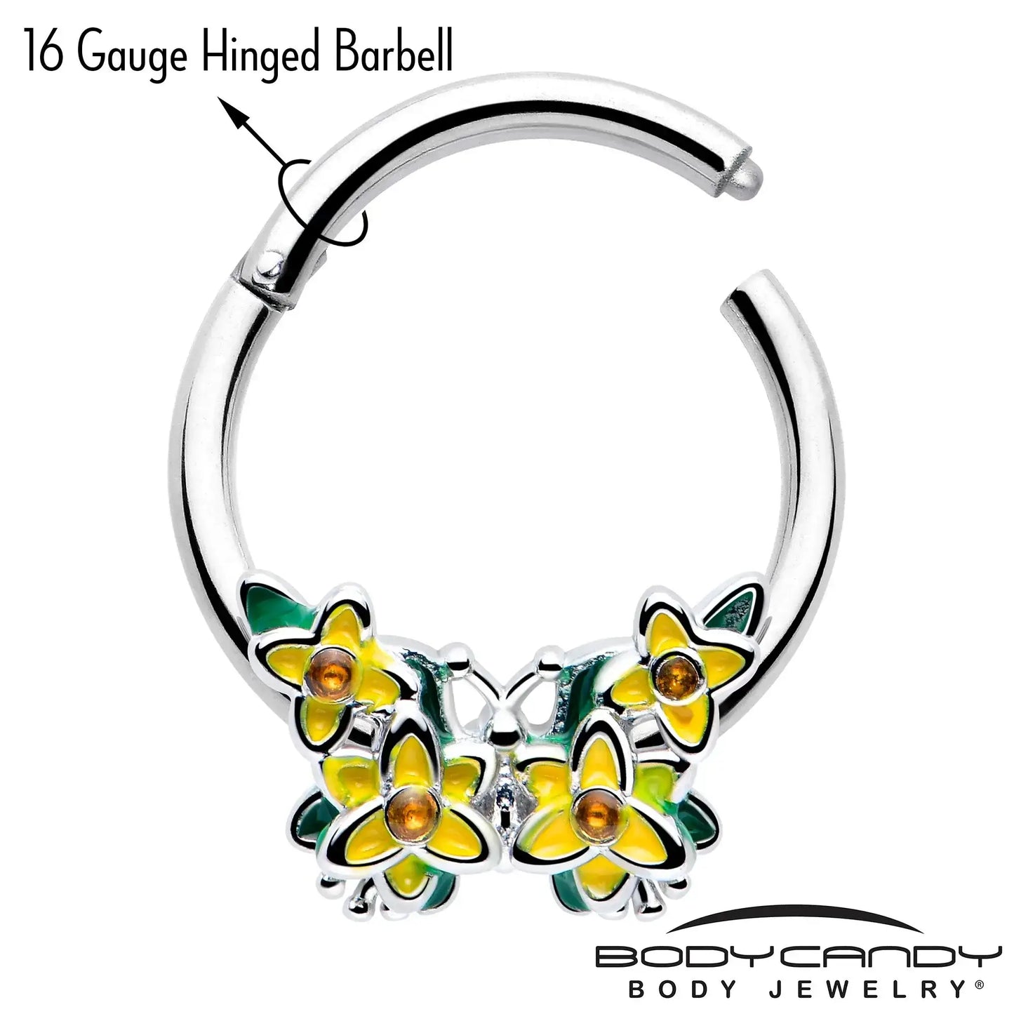16G 3/8 Yellow CZ Gem Blooming Butterfly Hinged Segment Ring - BodyCandy - Flyclothing LLC
