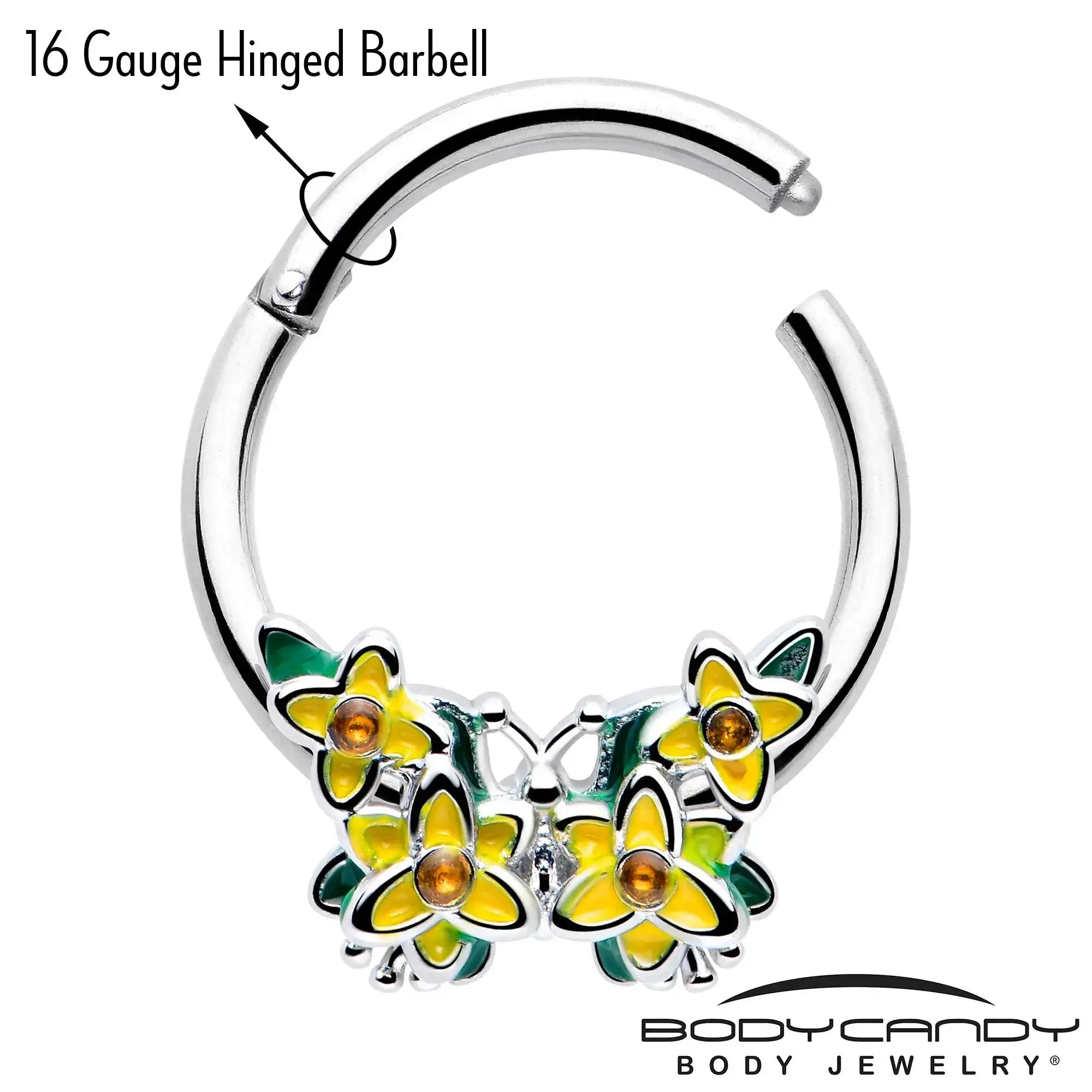 16G 3/8 Yellow CZ Gem Blooming Butterfly Hinged Segment Ring - BodyCandy - Flyclothing LLC