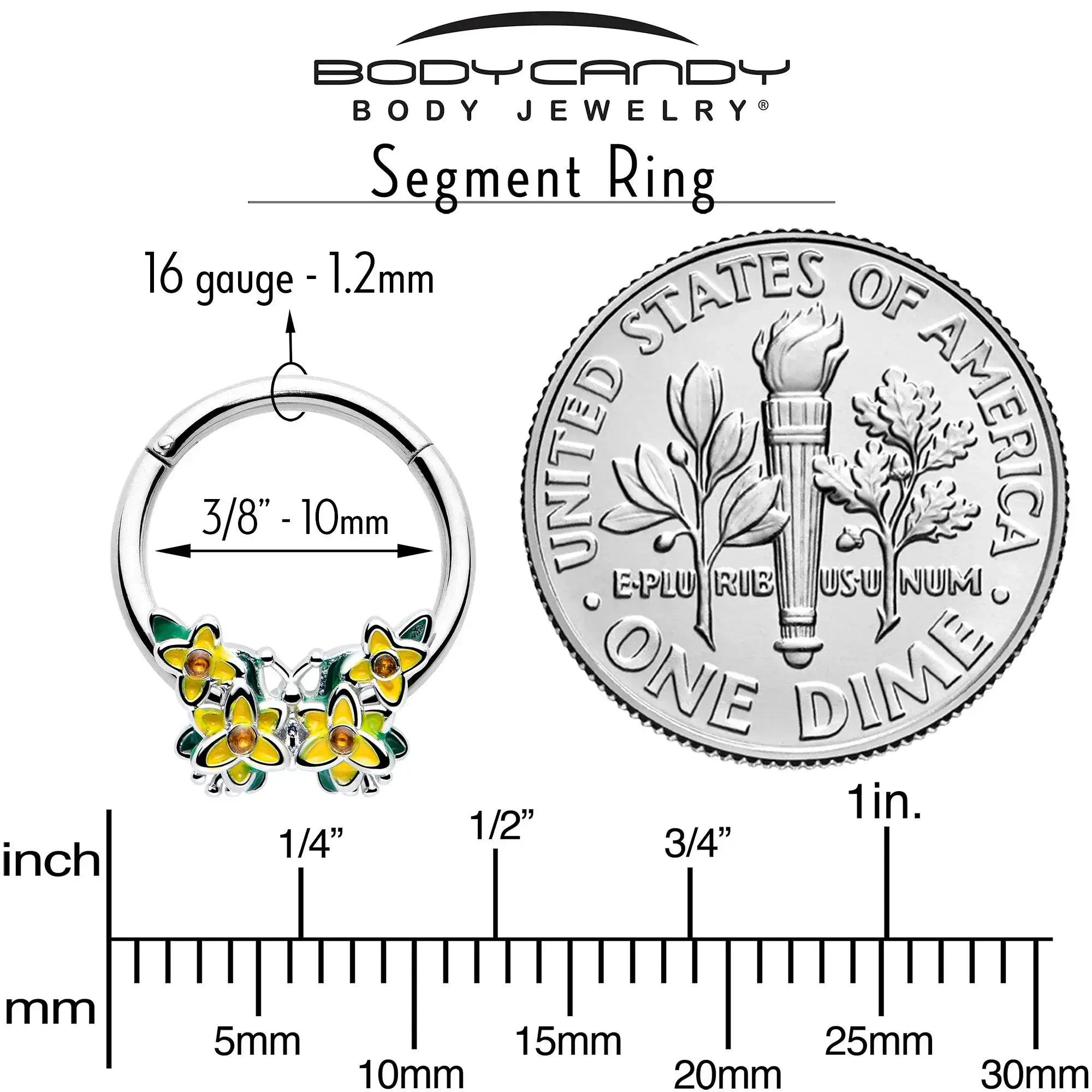 16G 3/8 Yellow CZ Gem Blooming Butterfly Hinged Segment Ring - BodyCandy - Flyclothing LLC