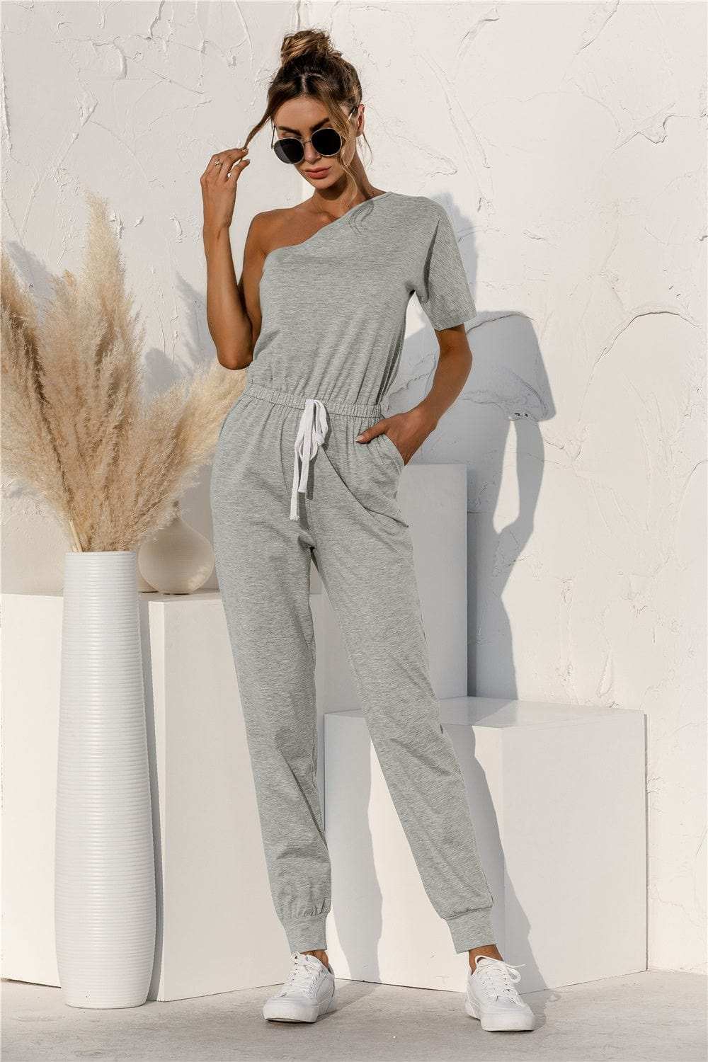 Single Shoulder Short Sleeve Jumpsuit - Trendsi - Flyclothing LLC