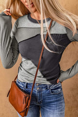 Exposed Seam Contrast Round Neck Long Sleeve T-Shirt - Trendsi - Flyclothing LLC