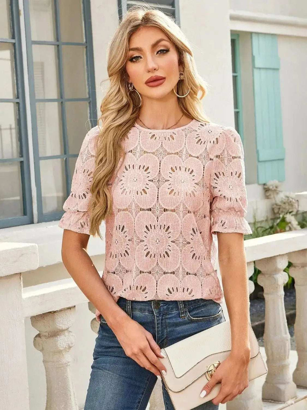 Openwork Round Neck Short Sleeve Top - Trendsi - Flyclothing LLC