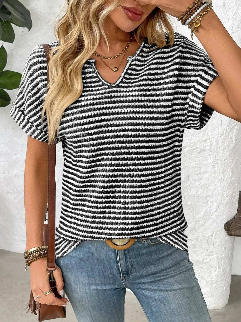 Striped Notched Short Sleeve T-Shirt - Trendsi - Flyclothing LLC
