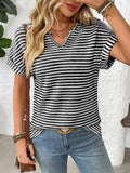 Striped Notched Short Sleeve T-Shirt - Trendsi - Flyclothing LLC