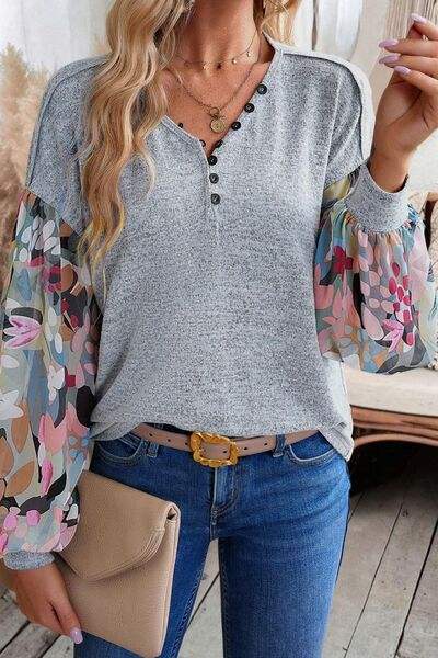 Printed Lantern Sleeve Buttoned V Neck Top - Trendsi - Flyclothing LLC