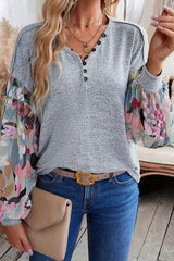 Printed Lantern Sleeve Buttoned V Neck Top - Trendsi - Flyclothing LLC