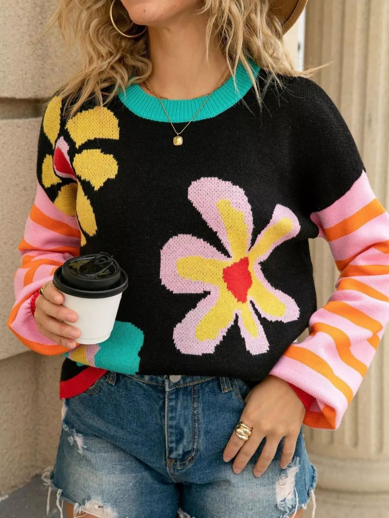 Floral Striped Crew Neck Sweater - Trendsi - Flyclothing LLC